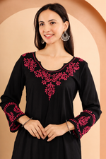 Thumbnail for Gharana India Modal Black Chikankari Kurta Coord Set With Pink Coloured Thread Embroidery - Dista