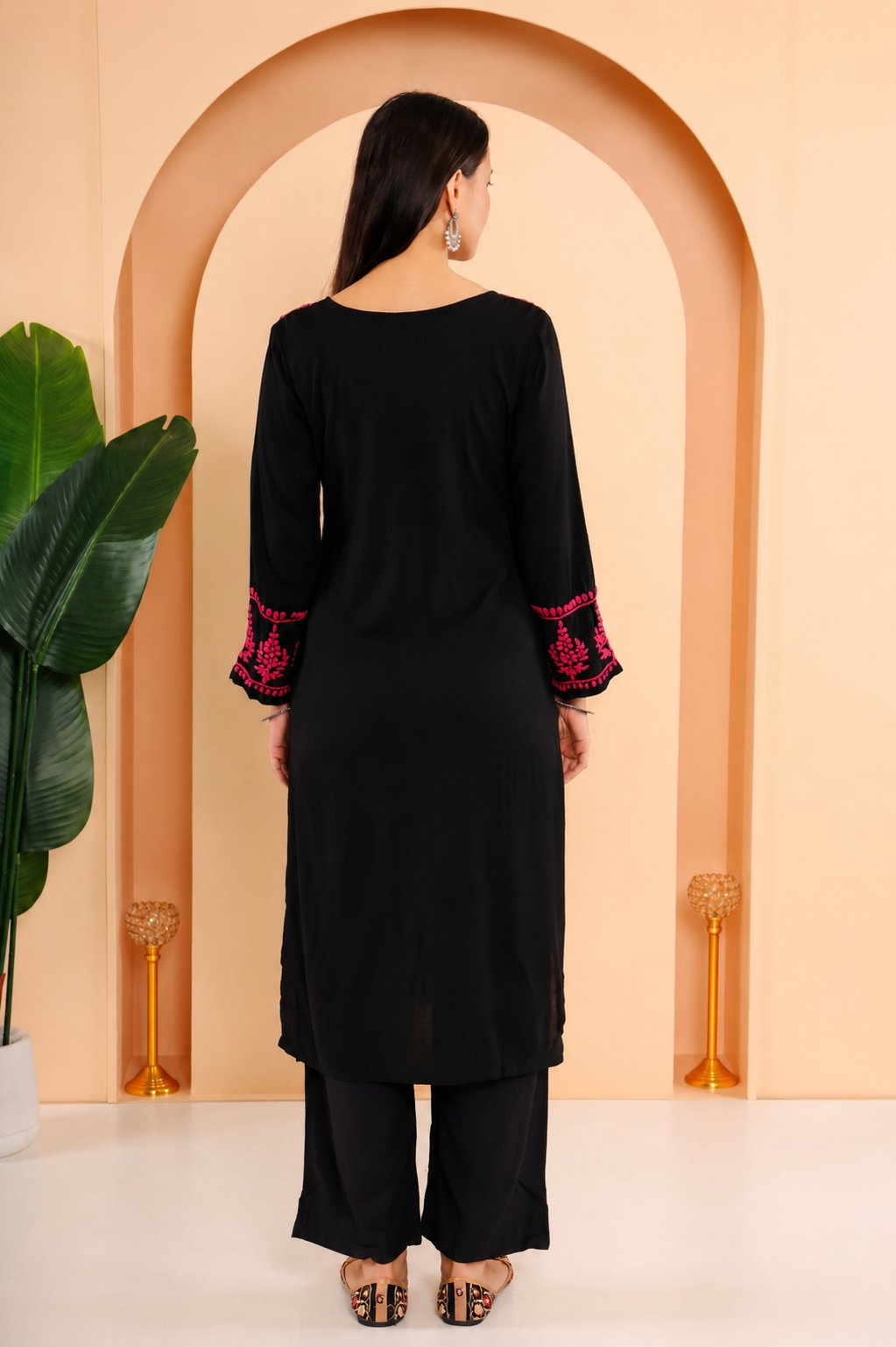 Gharana India Modal Black Chikankari Kurta Coord Set With Pink Coloured Thread Embroidery - Dista