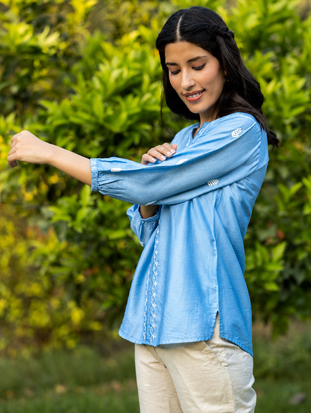 Gharana India Saheba Chikankari Bright Blue Top - Dista
