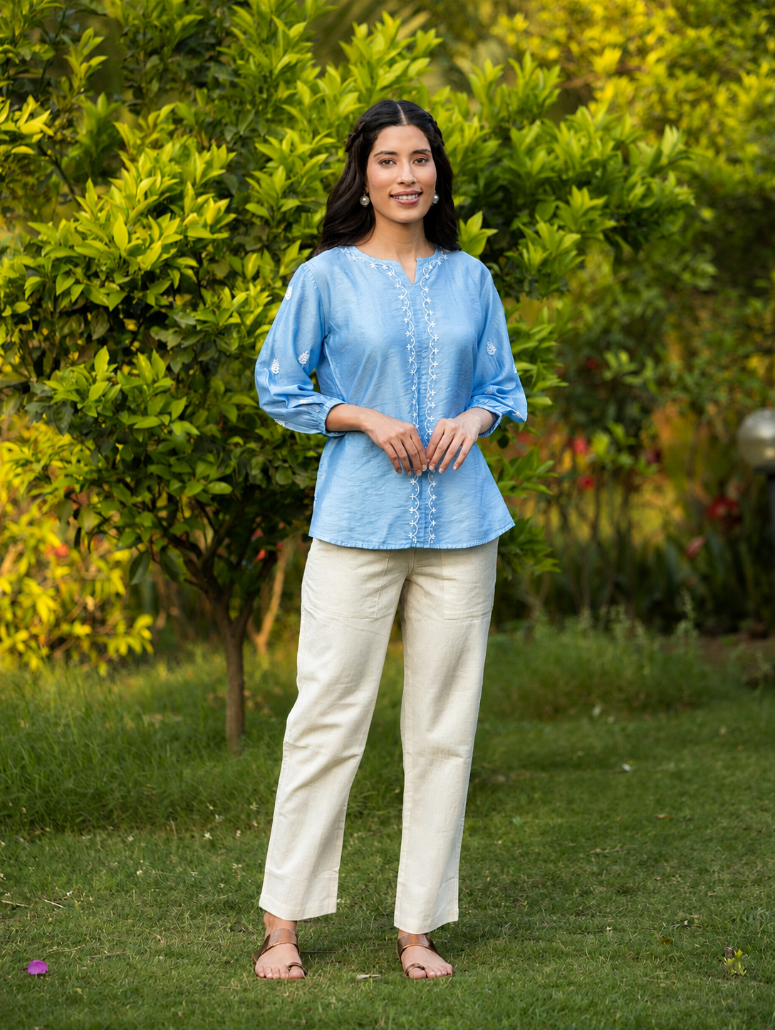 Gharana India Saheba Chikankari Bright Blue Top - Dista