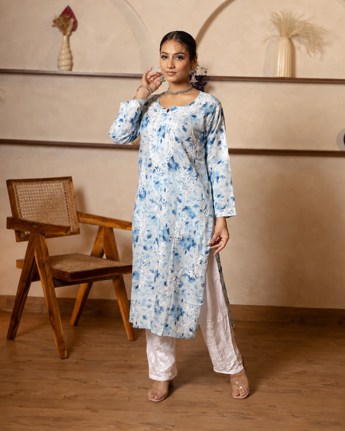 Gharana India Mul Cotton Kurta Floral Printed Blue - Dista