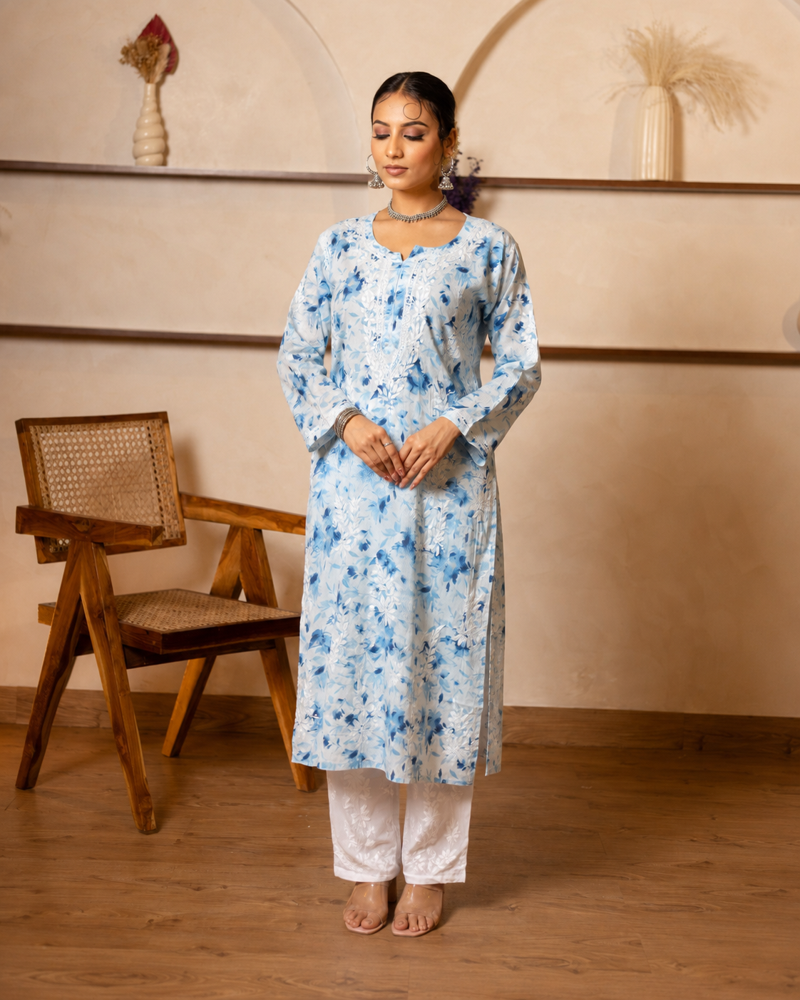 Gharana India Mul Cotton Kurta Floral Printed Blue - Dista