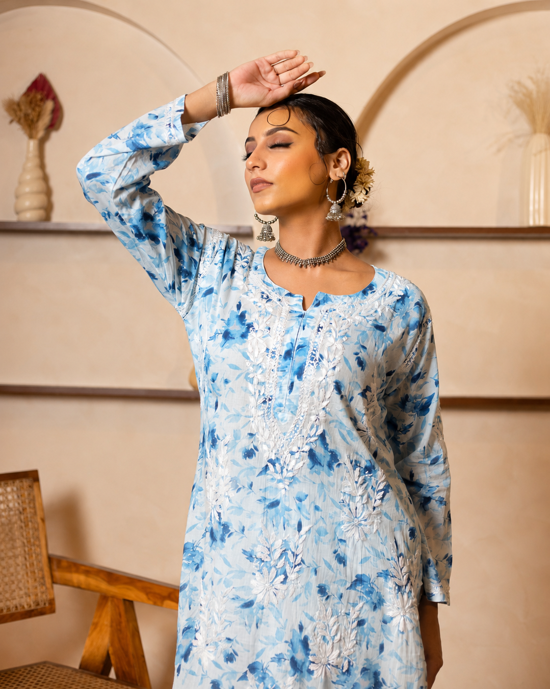 Gharana India Mul Cotton Kurta Floral Printed Blue - Dista