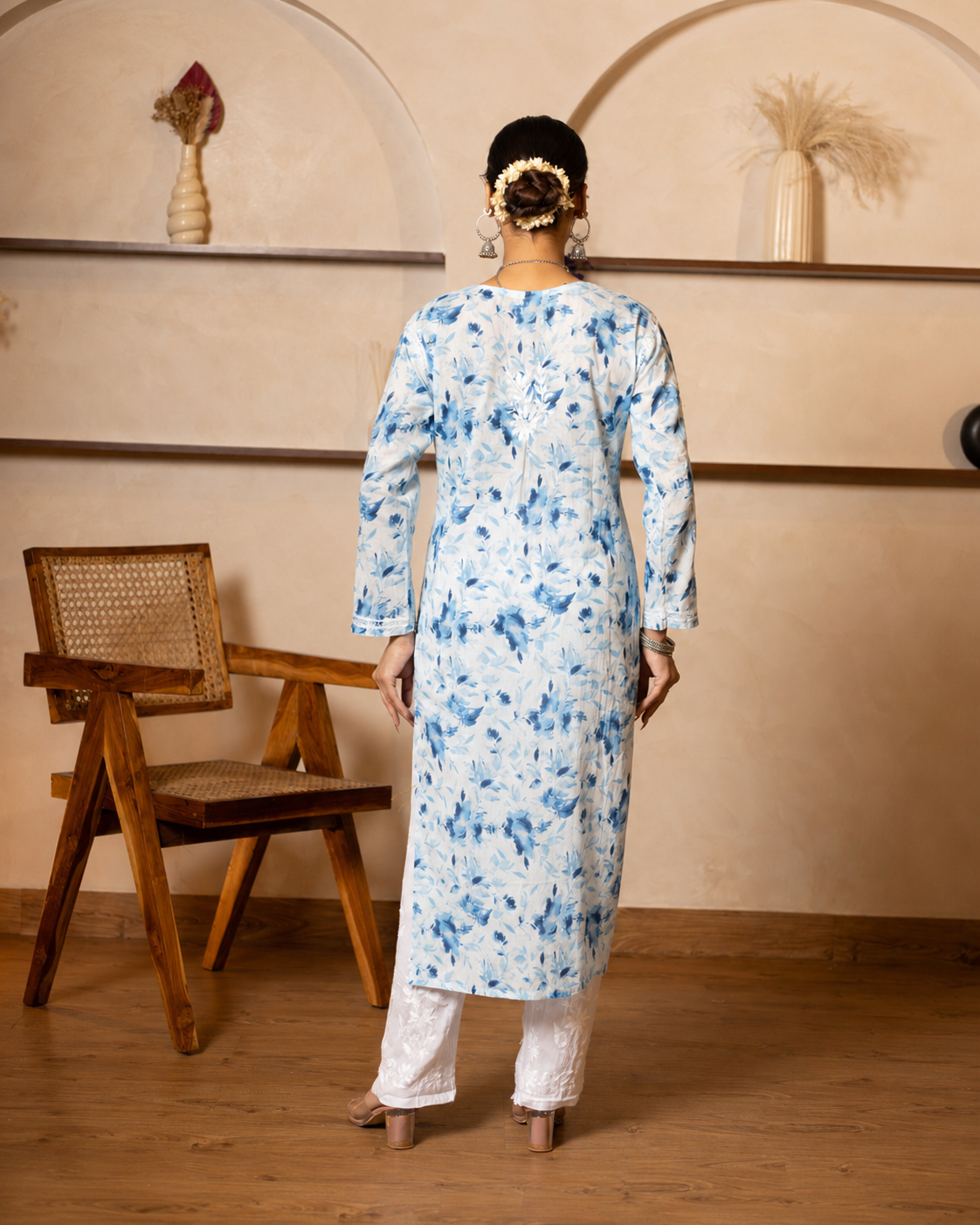 Gharana India Mul Cotton Kurta Floral Printed Blue - Dista