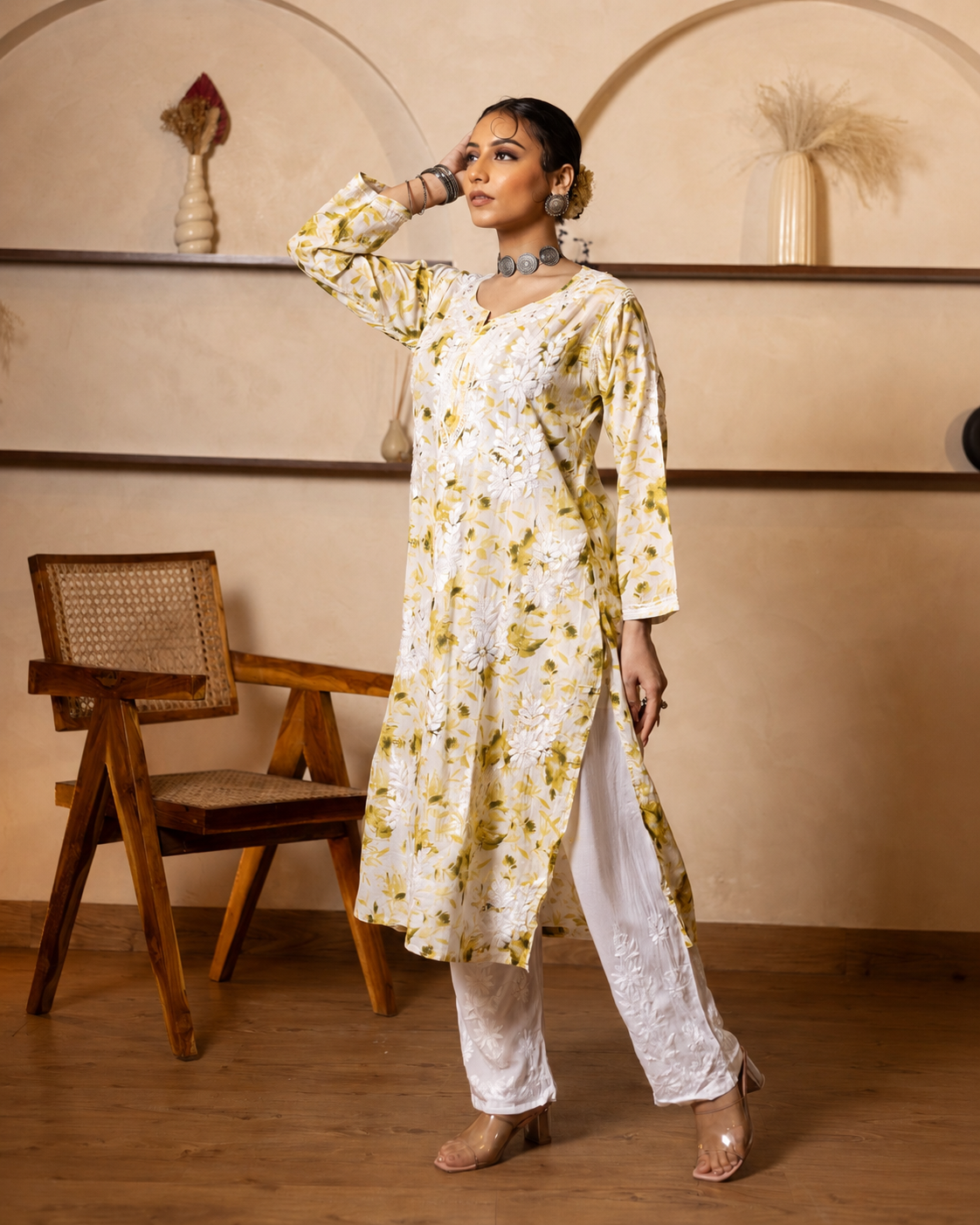 Gharana India Mulcotton Printed Green Chikankari Kurta - Dista