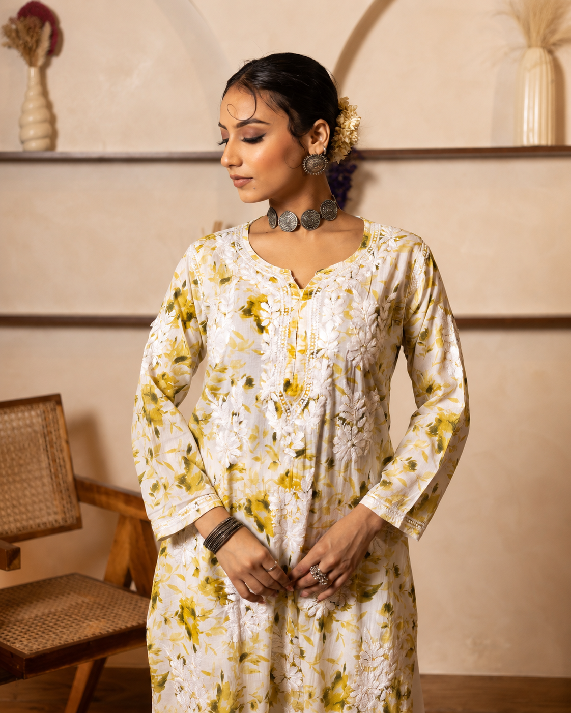 Gharana India Mulcotton Printed Green Chikankari Kurta - Dista