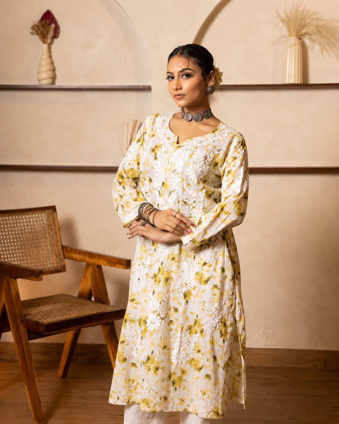 Gharana India Mulcotton Printed Green Chikankari Kurta - Dista