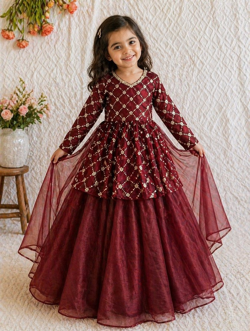 Evanik Maroon Embroidered Work Kids Twill Net Lehenga Choli Set - Dista