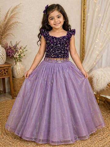 Evanik Purple Premium Micro Velvet Sequence Work Kids Lehenga Choli - Dista