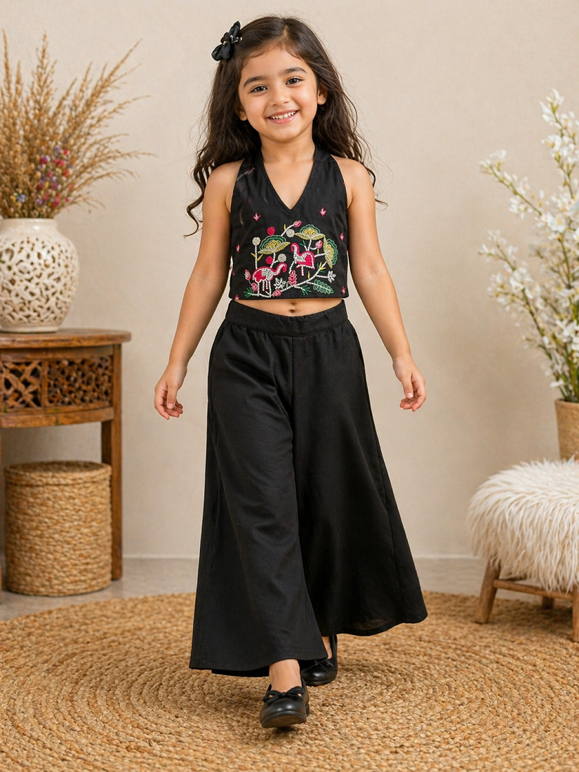 Evanik Black Premium Pure Cotton Fabric With Hand Work Kids Co-Ord Set - Dista