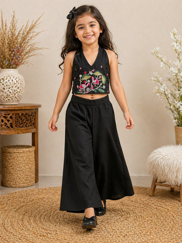 Evanik Black Premium Pure Cotton Fabric With Hand Work Kids Co-Ord Set - Dista