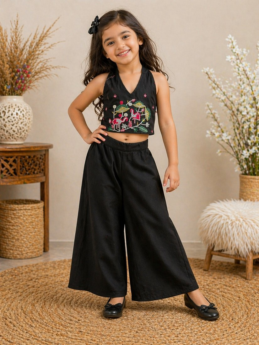 Evanik Black Premium Pure Cotton Fabric With Hand Work Kids Co-Ord Set - Dista
