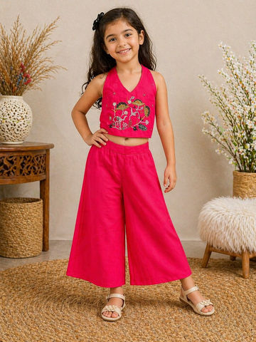 Evanik Pink Premium Pure Cotton Fabric With Hand Work Kids Co-Ord Set - Dista
