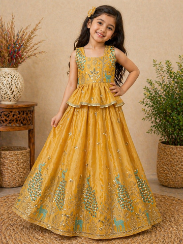 Evanik Yellow Pure Gold Crush With Peacock Design Work Kids Lehenga Choli - Dista