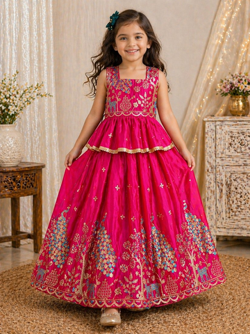 Evanik Pink Pure Gold Crush With Peacock Design Work Kids Lehenga Choli - Dista