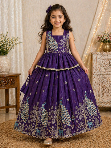 Evanik Purple Pure Gold Crush With Peacock Design Work Kids Lehenga Choli - Dista