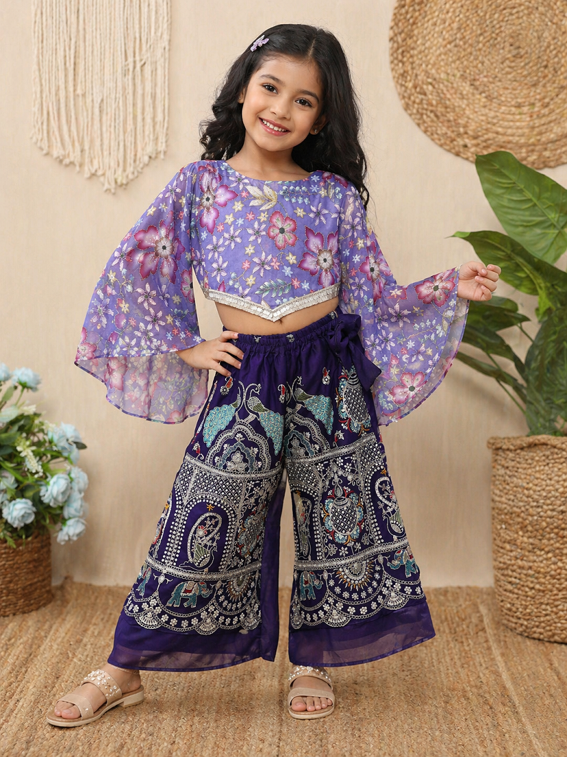 Evanik Lavender Chinon With Position Print And Embroidered Work Palazzo Set for Kids - Dista