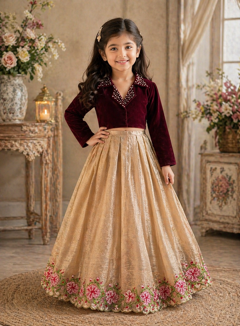 Evanik Maroon Embroidered Work Kids Party Wear Look Kids Lehenga Choli - Dista