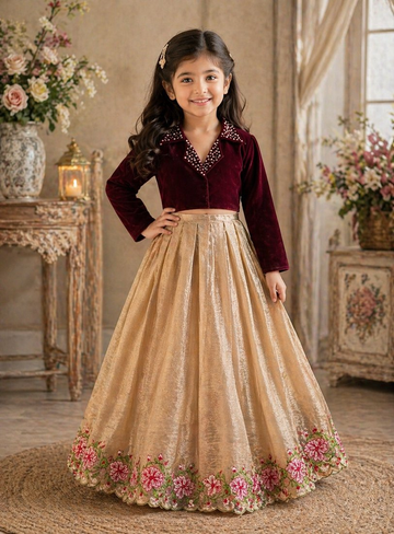 Evanik Maroon Embroidered Work Kids Party Wear Look Kids Lehenga Choli - Dista