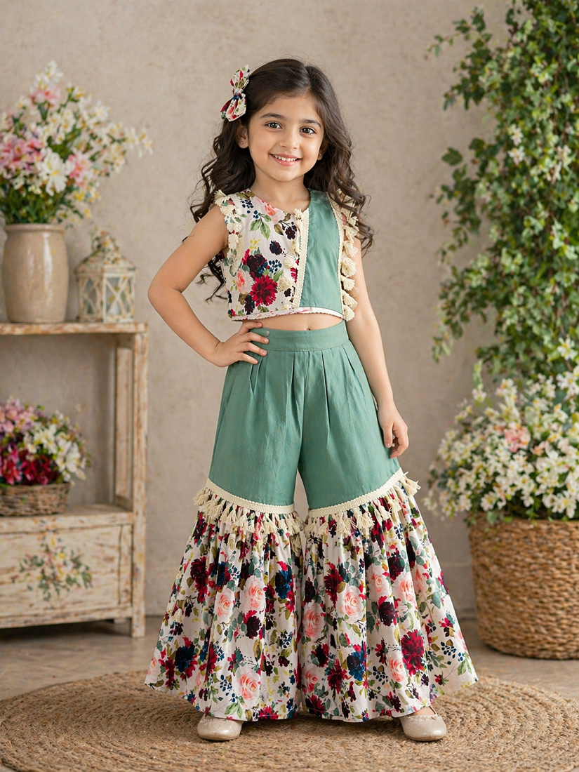 Evanik Green Kids Summer Cotton With Floral Print Co-Ord Set - Dista