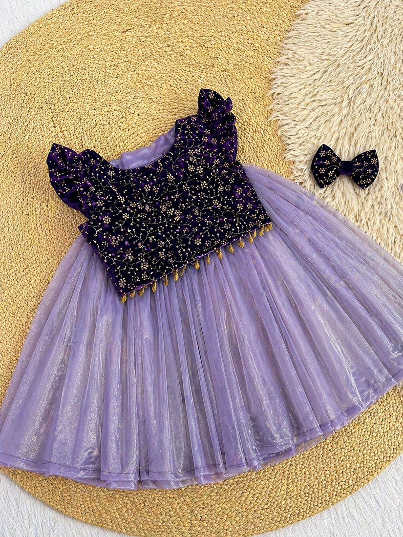 Evanik Purple Premium Micro Velvet Sequence Work Kids Lehenga Choli - Dista