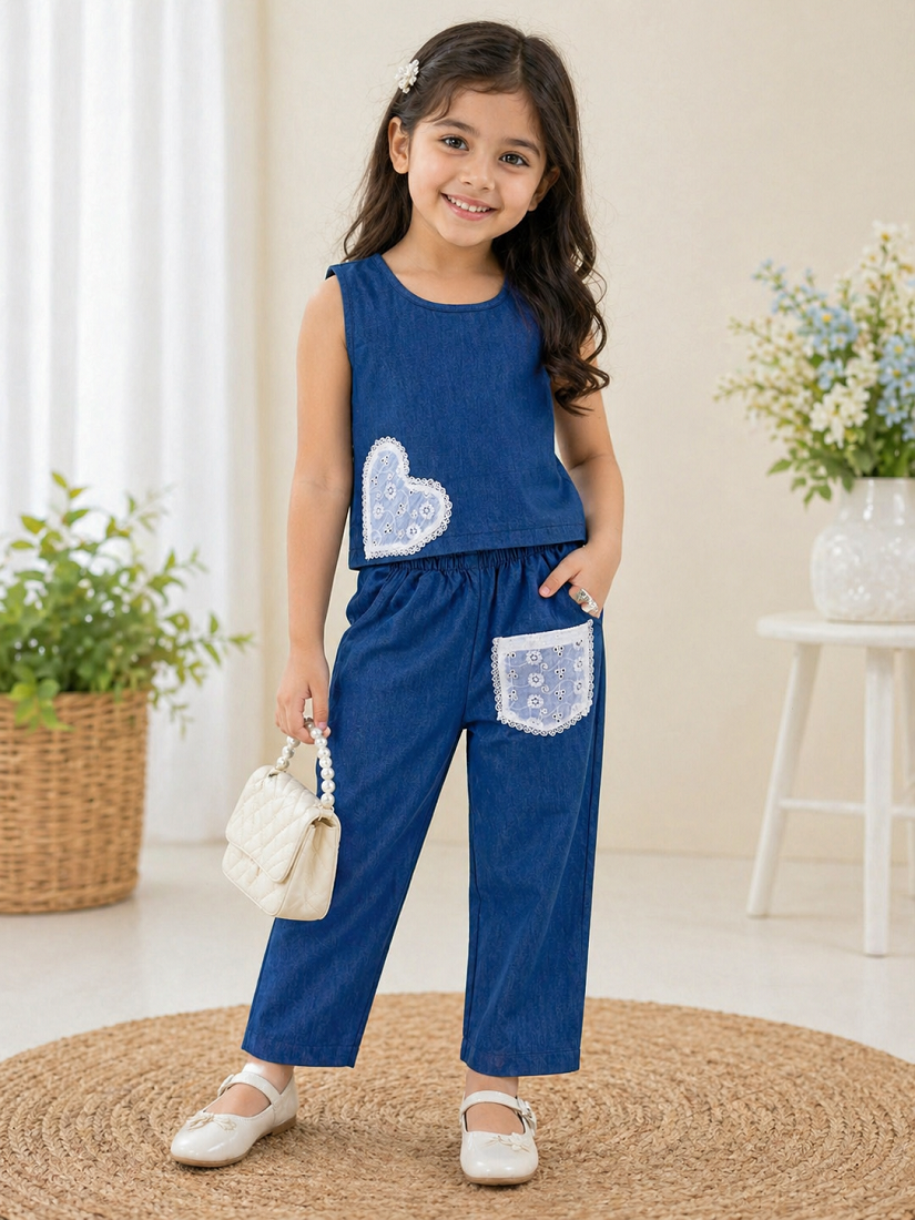 Evanik Blue Kids Denim Summer Co-Ord Set With Lace Heart & Pocket - Dista