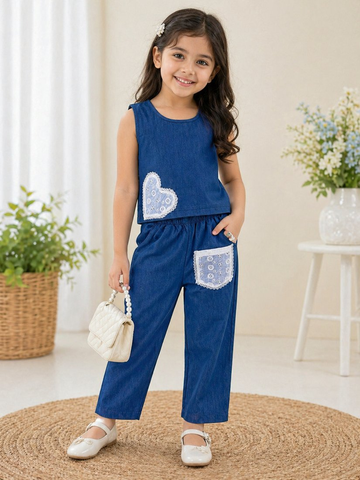 Evanik Blue Kids Denim Summer Co-Ord Set With Lace Heart & Pocket - Dista