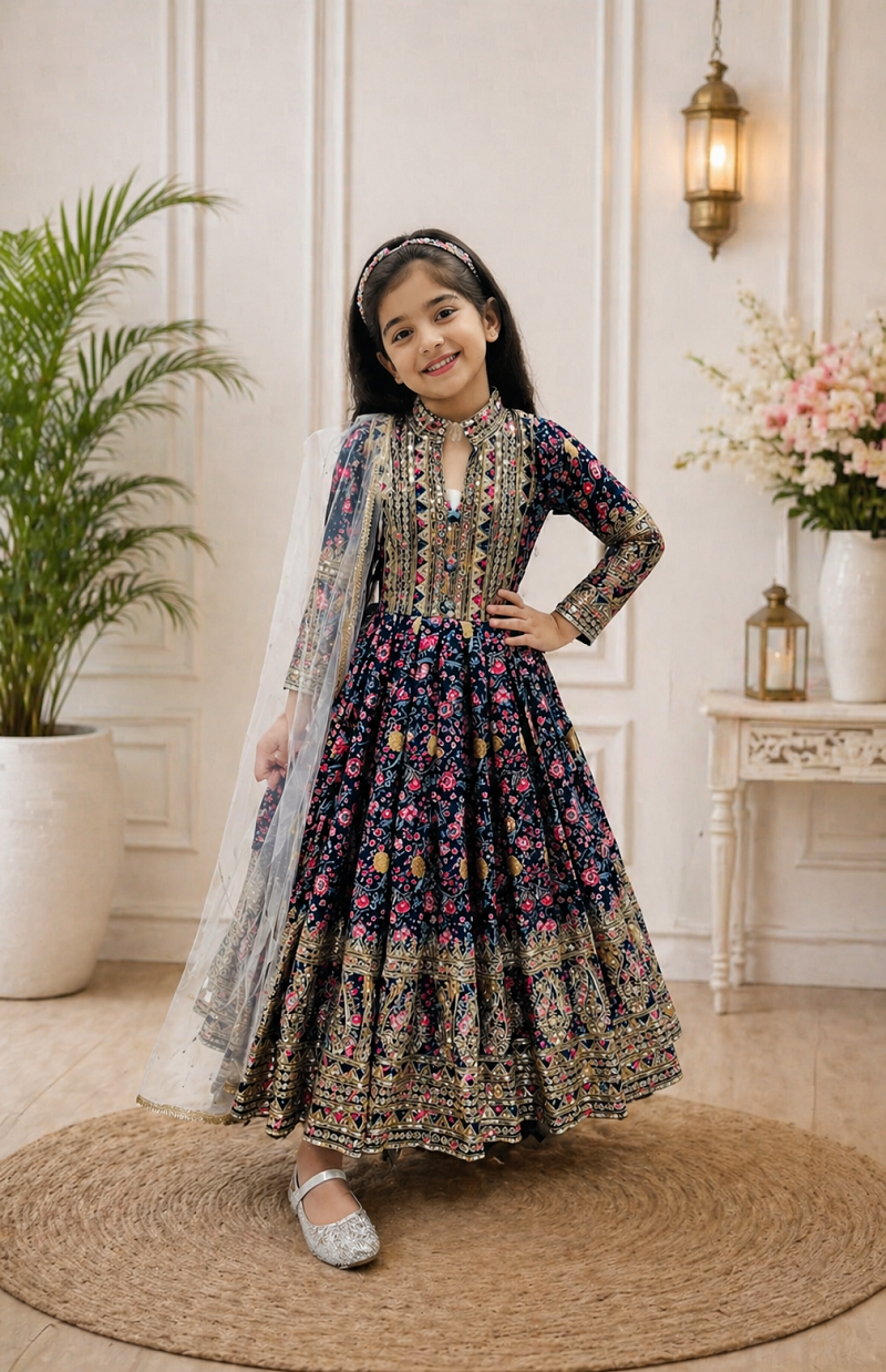 Evanik Black Kids Chinon Silk Digital Print With Embroidered Work Wedding Gown - Dista