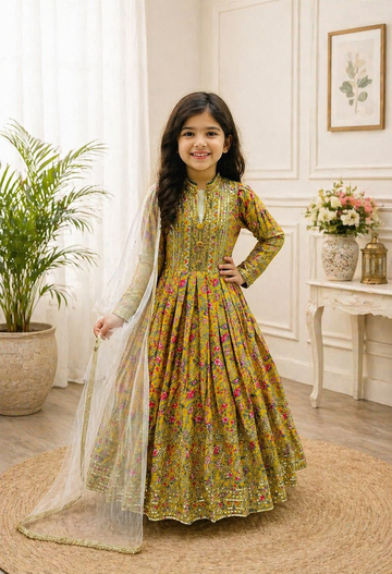 Evanik Yellow Kids Chinon Silk Digital Print With Embroidered Work Wedding Gown - Dista