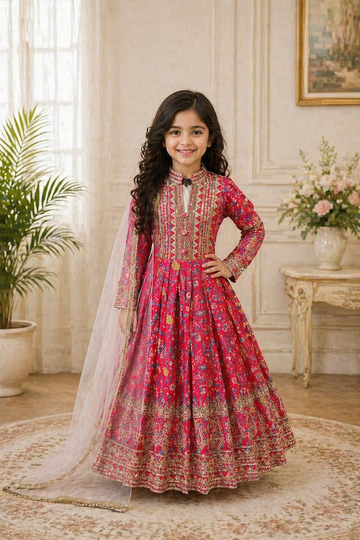 Evanik Red Kids Chinon Silk Digital Print With Embroidered Work Wedding Gown - Dista