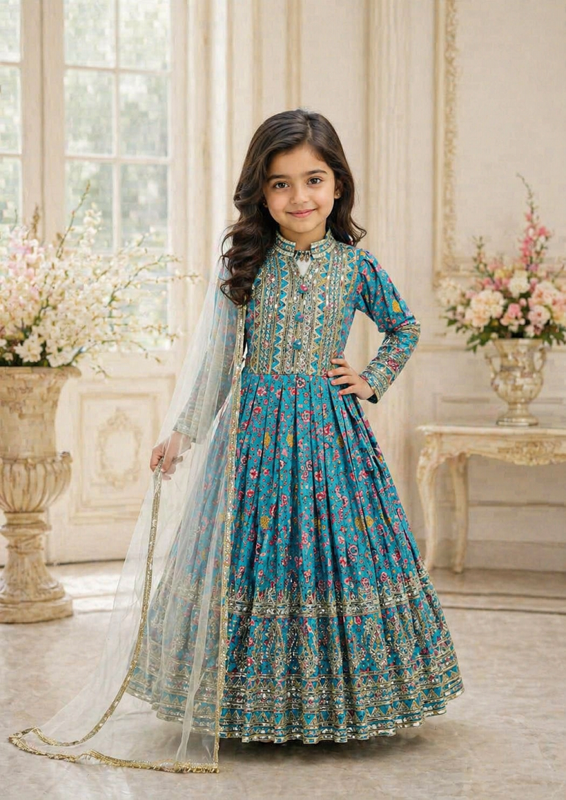 Evanik Turquoise Kids Chinon Silk Digital Print With Embroidered Work Wedding Gown - Dista