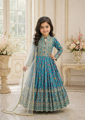 Evanik Turquoise Kids Chinon Silk Digital Print With Embroidered Work Wedding Gown - Dista