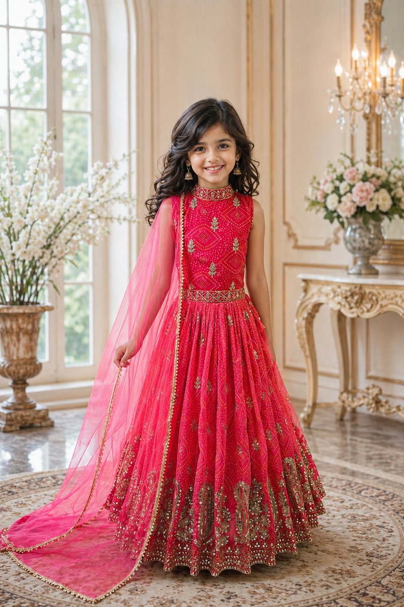 Evanik Pink Heavy Fox Georgette With Embroidered Work Kids Fancy Gown - Dista