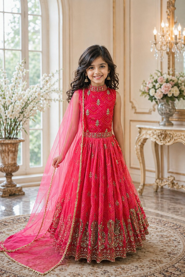 Evanik Pink Heavy Fox Georgette With Embroidered Work Kids Fancy Gown - Dista