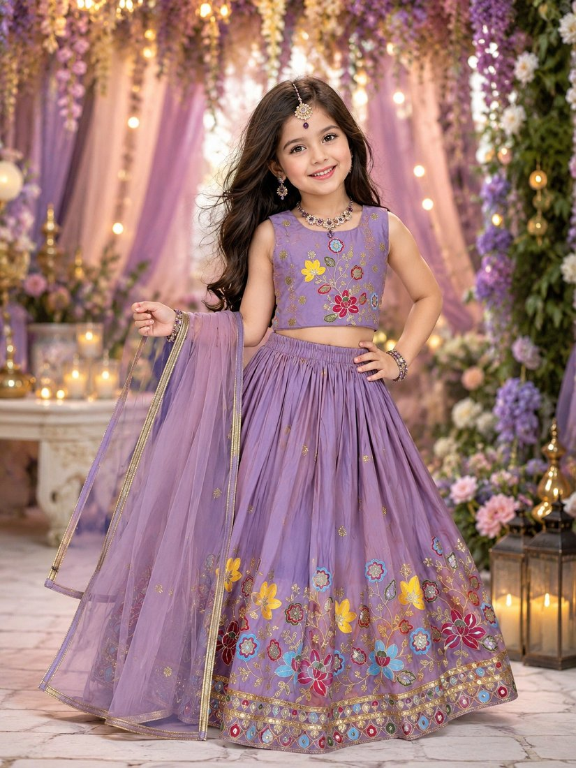 Evanik Designer Kids Embroidered Silk Lehenga Choli With Net Dupatta - Lavender