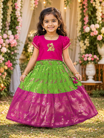 Evanik Parrot Pure Silk Zari With Heavy Maggam Work Lehenga Choli for Kids - Dista