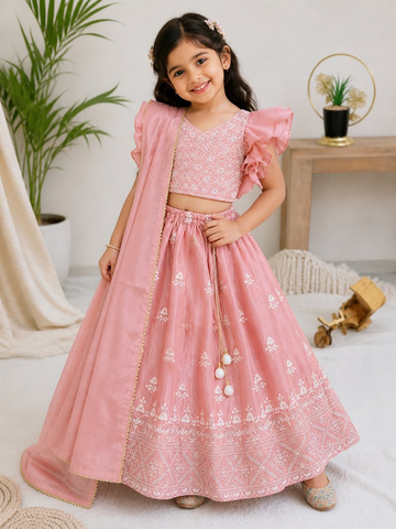 Evanik Peach Chinon Silk Frill Sleeve Design Lehenga Set for Kids - Dista