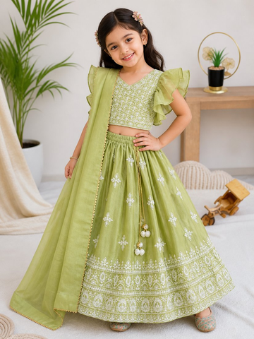 Evanik Parrot Green Chinon Silk Frill Sleeve Design Lehenga Set for Kids - Dista