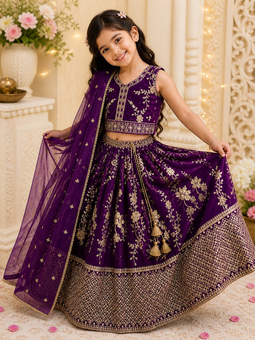 Evanik Purple Sequence Embroidered Lehenga Set for Kids - Dista