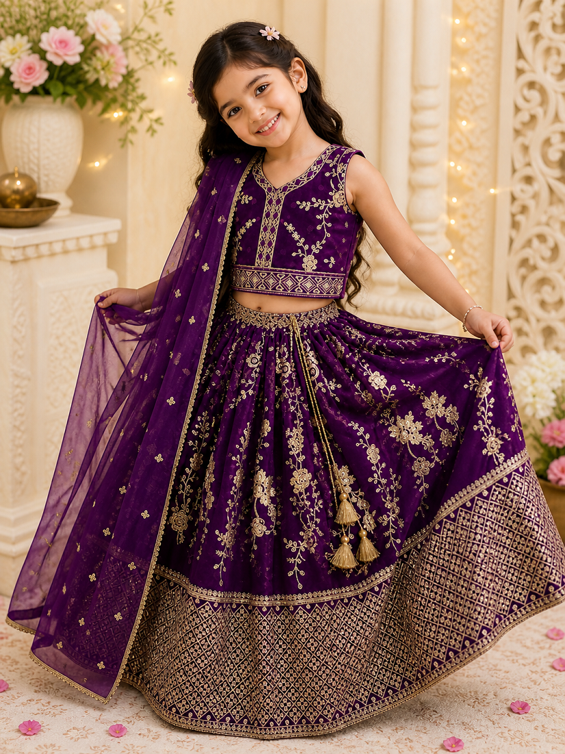 Evanik Purple Sequence Embroidered Lehenga Set for Kids - Dista