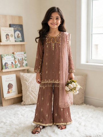 Evanik Brown Kids Faux Georgette Embroidered Work Kurta Palazzo Set - Dista