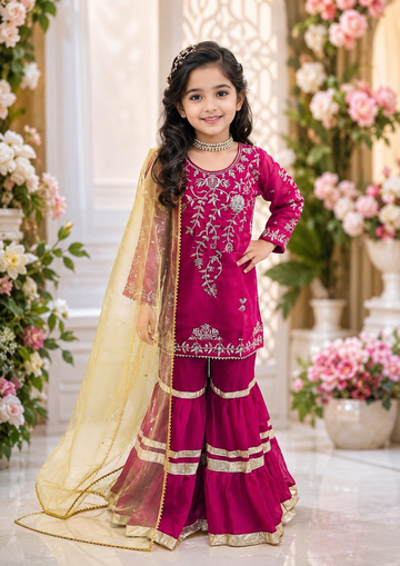 Evanik Designer Girls Ranipink Georgette Embroidered Kurta Gharara Set with Net Dupatta - Dista