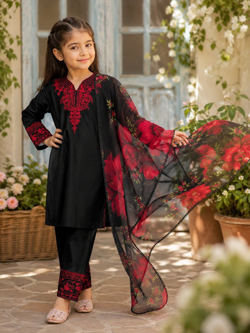 Evanik Premium Kids Black Silk-Blend Kurta Set with Maroon Embroidery Work and Dupatta - Dista