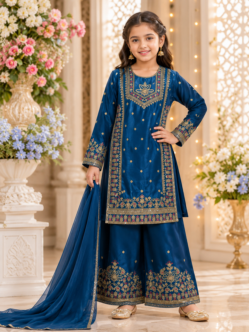 Evanik Royal Blue Embroidered Kids Palazzo Suit with Plain Dupatta PartyWear Ethnic Set for Girls - Dista