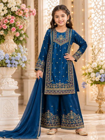 Evanik Royal Blue Embroidered Kids Palazzo Suit with Plain Dupatta PartyWear Ethnic Set for Girls - Dista