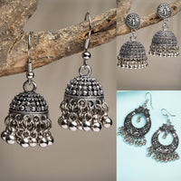 Thumbnail for NVR Women's Set of 3 Silver-Toned German Silver Oxidised Dome Shaped Jhumka Earrings - Distacart