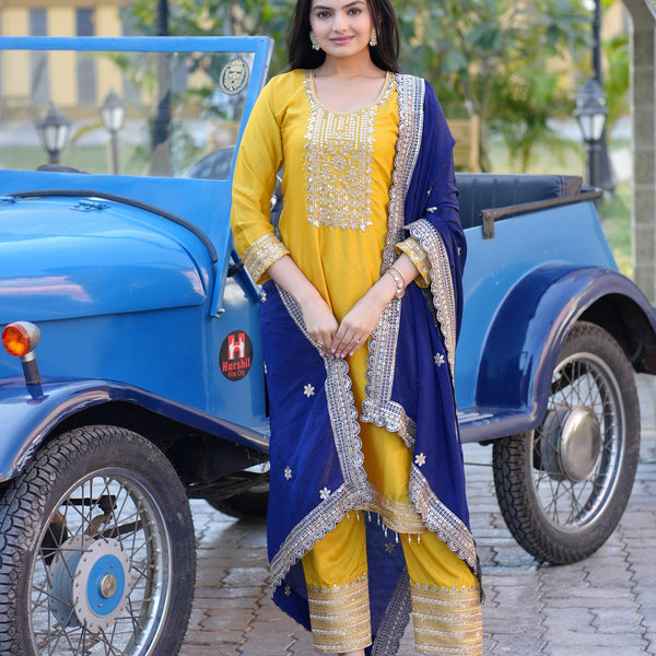 Lehenga Mart Designer Chinon Suit With Sequence Embroidered Work - Yellow - Distacart