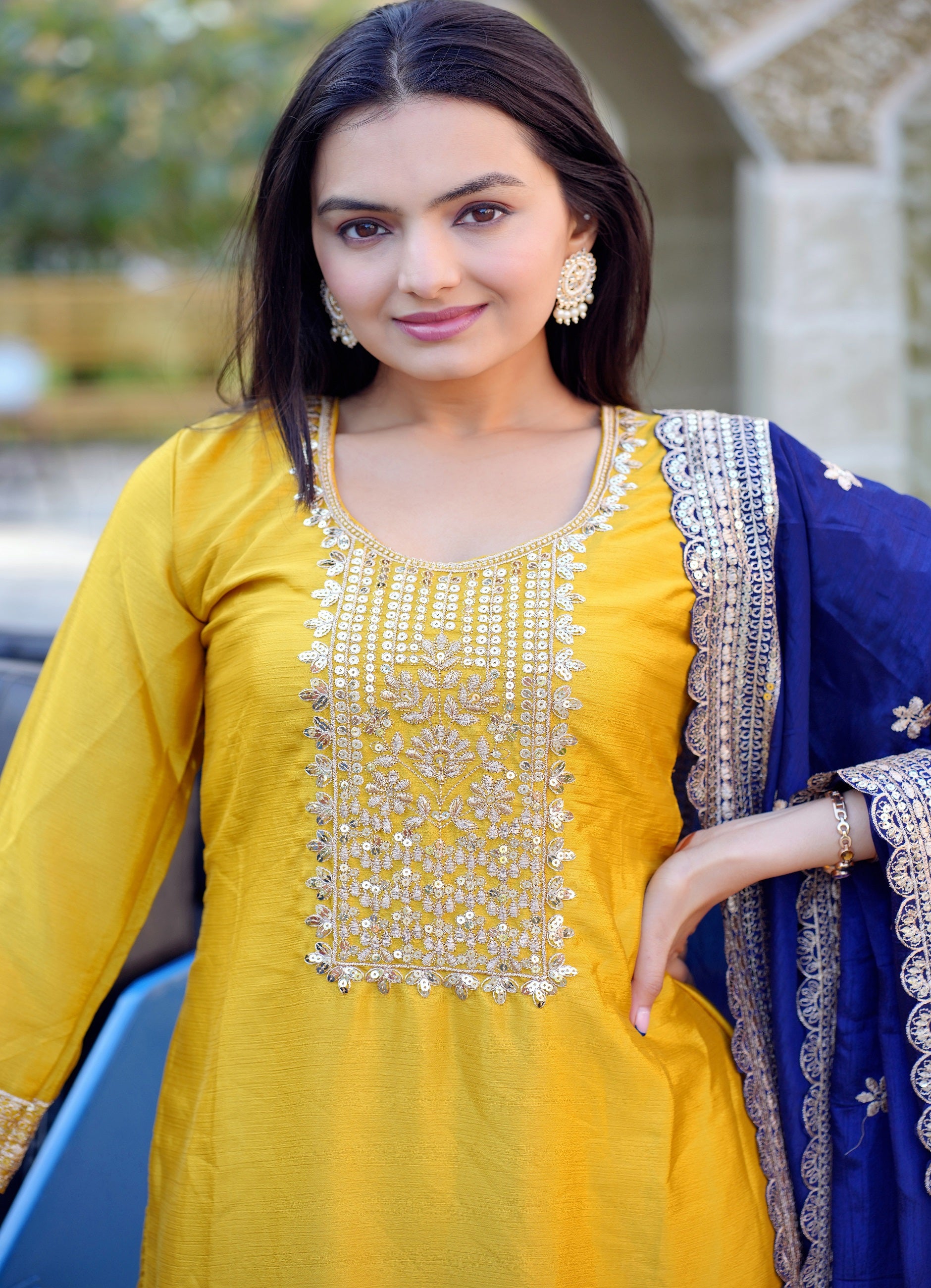 Lehenga Mart Designer Chinon Suit With Sequence Embroidered Work - Yellow - Distacart