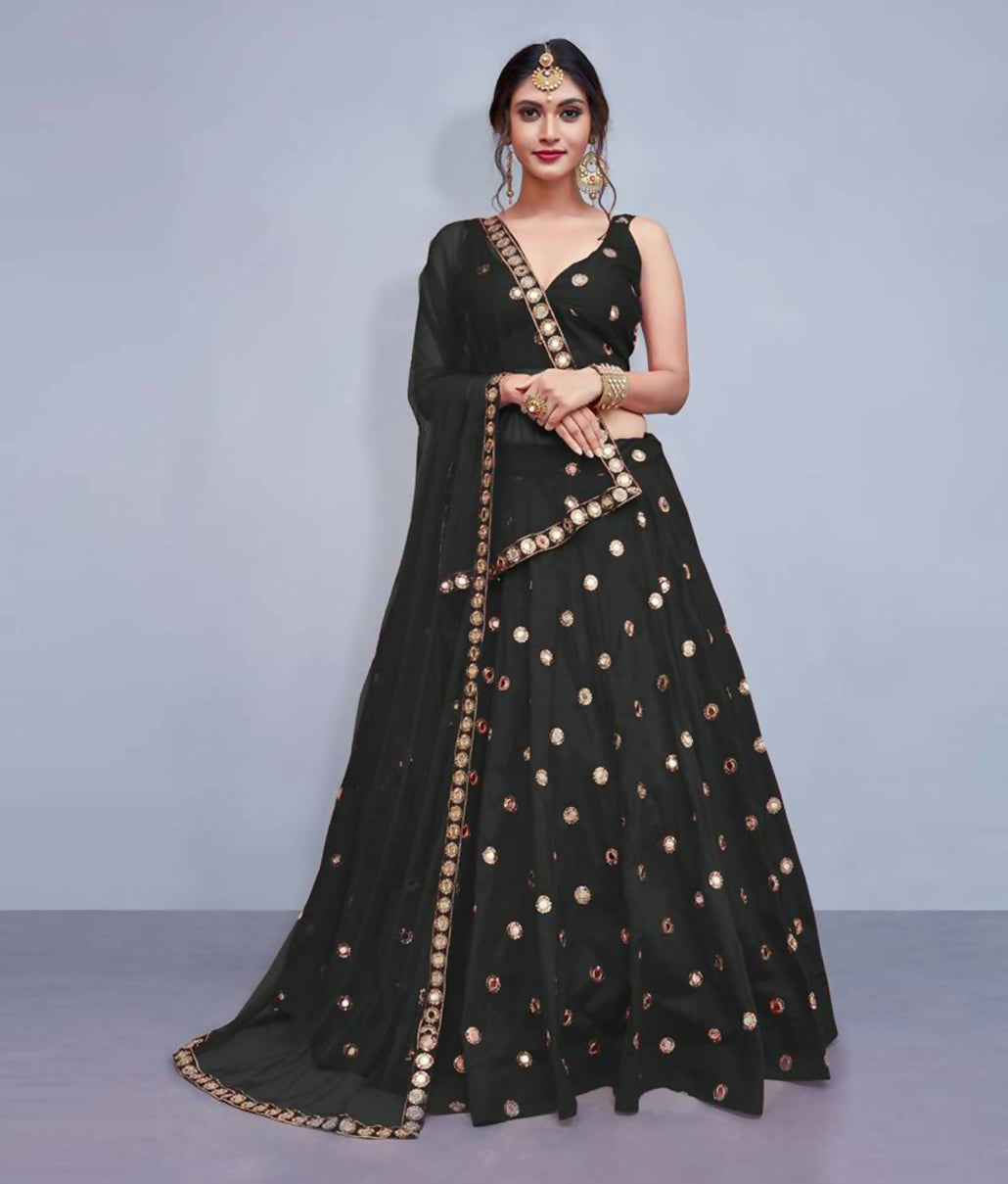Jyoti Fashion Beautiful Black Embroidered with Mirror work Art Silk Party Wear Lehenga Choli with Dupatta - Distacart