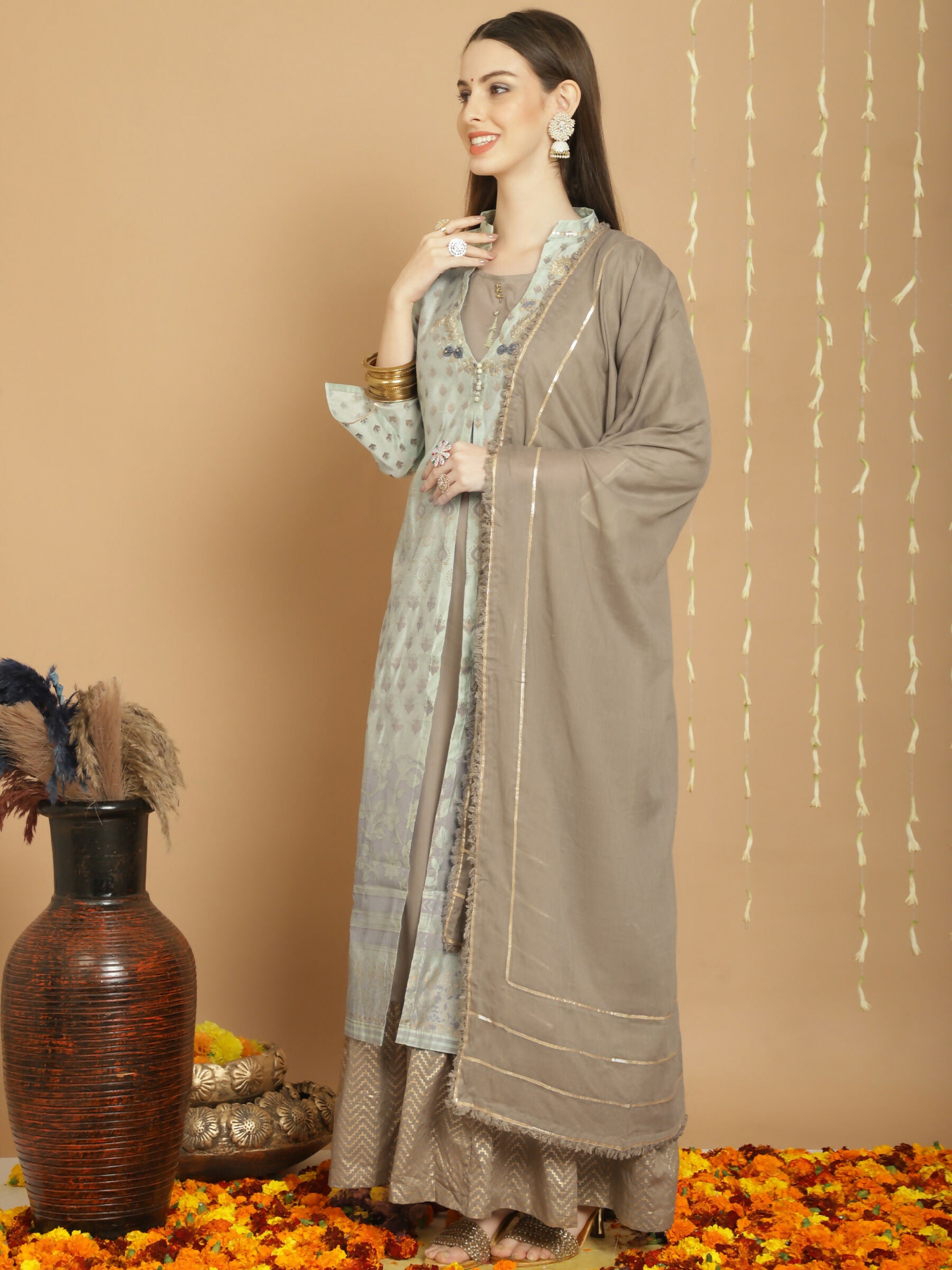 Jyoti Fashion Women's Green Chanderi Silk Elegant Jardoshi Semi Kurta with Trouser & Dupatta - Distacart